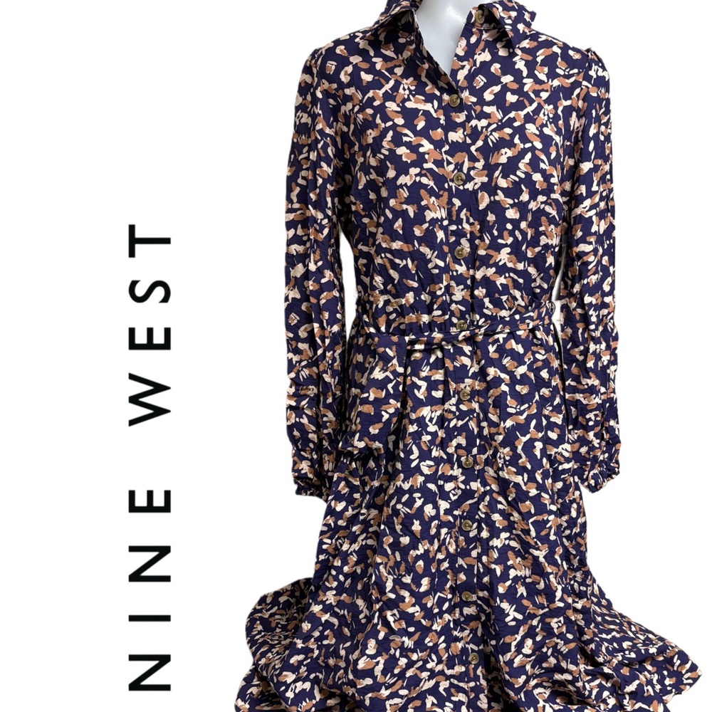 Nine West Long Sleeve Dress in Navy and Beige Print